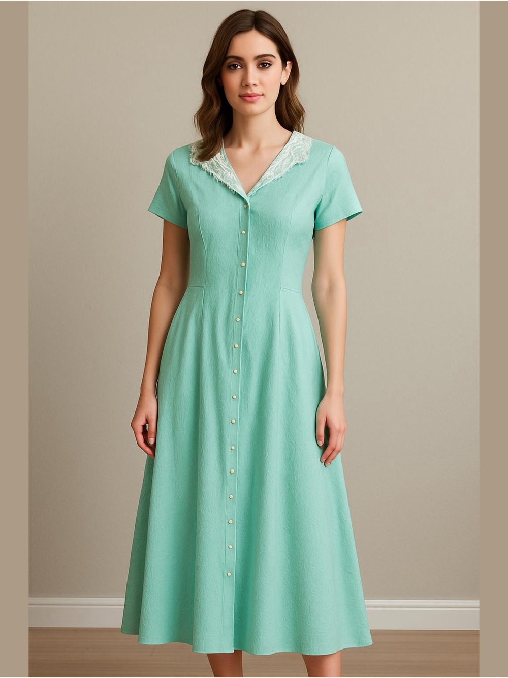 Vintage Mint Green Button-Front Maxi Dress with Lace Collar Paisley Cottagecore